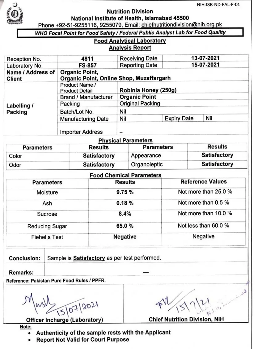 Organic Point Robinia Honey Lab Certificate